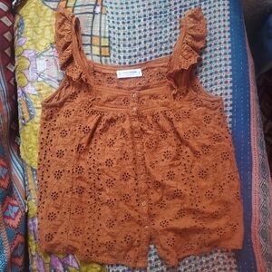 Lucky Brand Burnt Orange Embroidered  Top